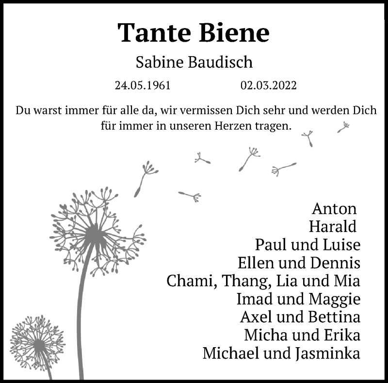  Traueranzeige für Sabine Baudisch vom 12.03.2022 aus Ostsee-Zeitung GmbH