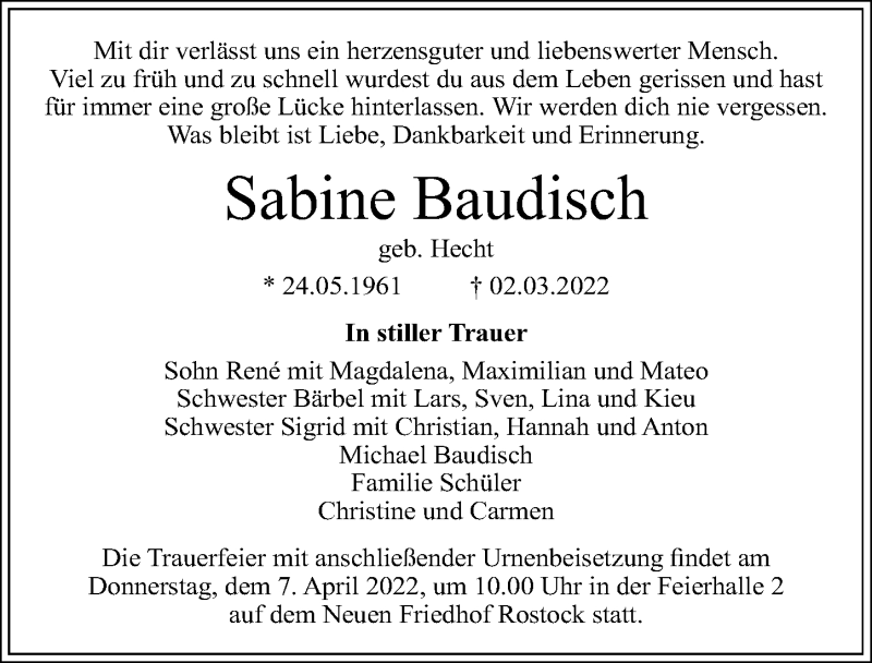  Traueranzeige für Sabine Baudisch vom 12.03.2022 aus Ostsee-Zeitung GmbH