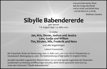 Traueranzeige von Sibylle Babendererde von Lübecker Nachrichten