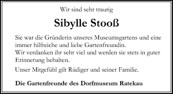 Traueranzeige von Sibylle Stooß von Lübecker Nachrichten