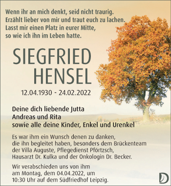 Traueranzeige von Siegfried Hensel von Leipziger Volkszeitung