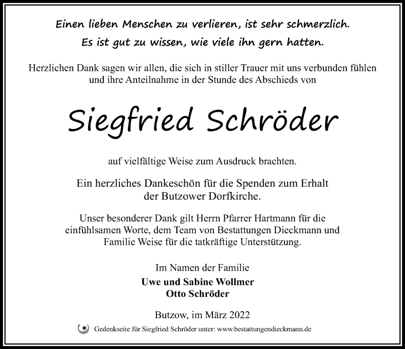  Traueranzeige für Siegfried Schröder vom 26.03.2022 aus Märkischen Allgemeine Zeitung