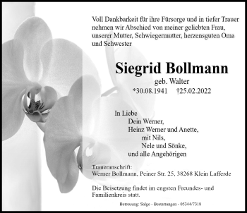 Traueranzeige von Siegrid Bollmann von Peiner Allgemeine Zeitung
