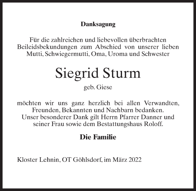  Traueranzeige für Siegrid Sturm vom 19.03.2022 aus Märkischen Allgemeine Zeitung