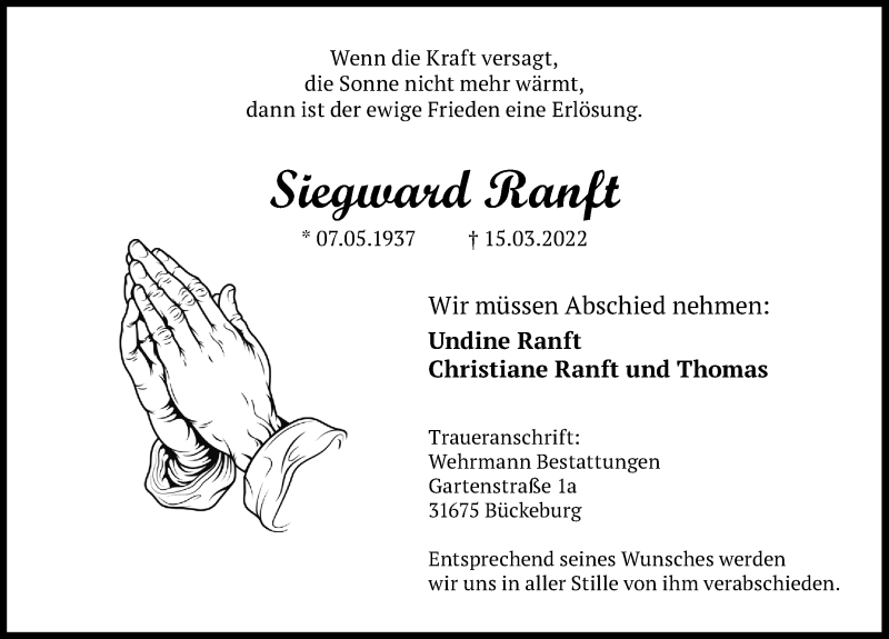  Traueranzeige für Siegward Ranft vom 26.03.2022 aus Schaumburger Nachrichten