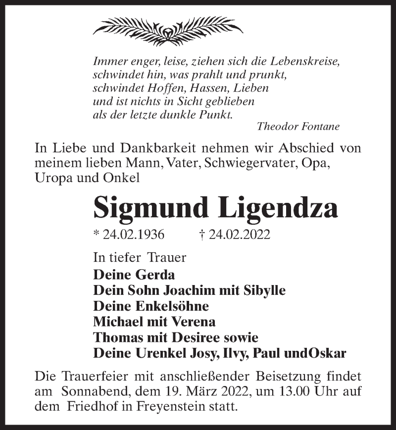  Traueranzeige für Sigmund Ligendza vom 11.03.2022 aus Märkischen Allgemeine Zeitung