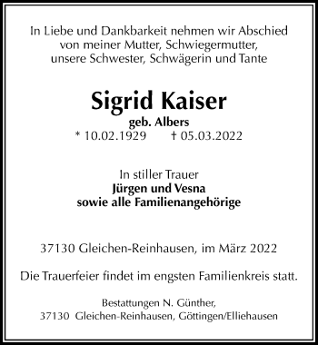 Traueranzeige von Sigrid Kaiser von Göttinger Tageblatt