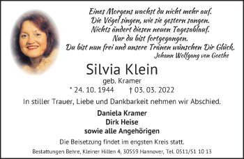 Traueranzeige von Silvia Klein von Hannoversche Allgemeine Zeitung/Neue Presse