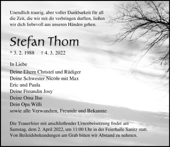 Traueranzeige von Stefan Thom von Ostsee-Zeitung GmbH