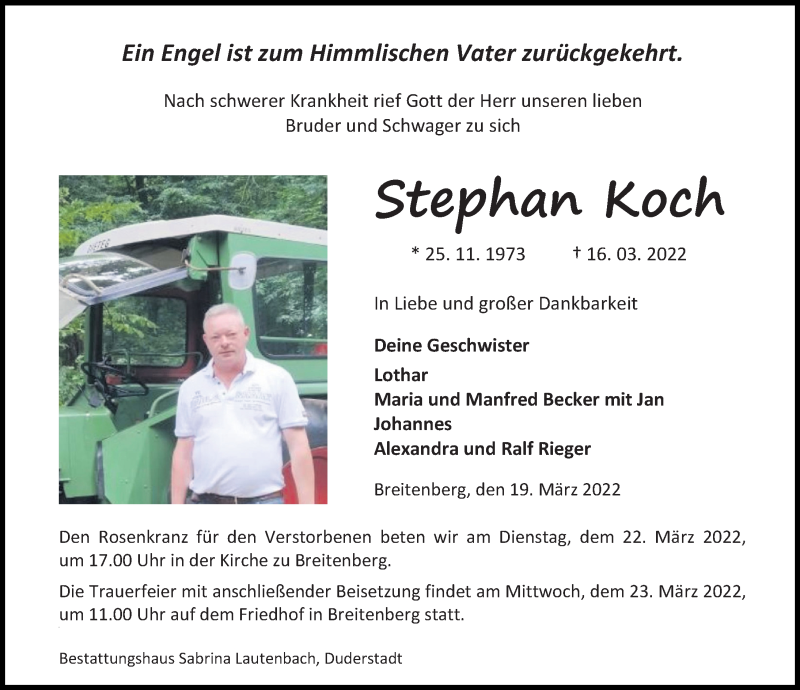  Traueranzeige für Stephan Koch vom 19.03.2022 aus Eichsfelder Tageblatt