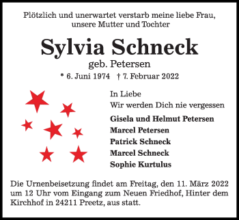 Traueranzeige von Sylvia Schneck von Kieler Nachrichten