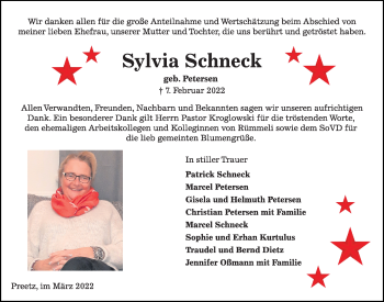 Traueranzeige von Sylvia Schneck von Kieler Nachrichten