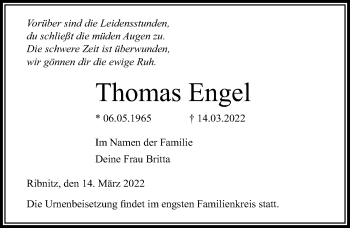 Traueranzeige von Thomas Engel von Ostsee-Zeitung GmbH