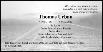 Traueranzeige von Thomas Urban von Ostsee-Zeitung GmbH