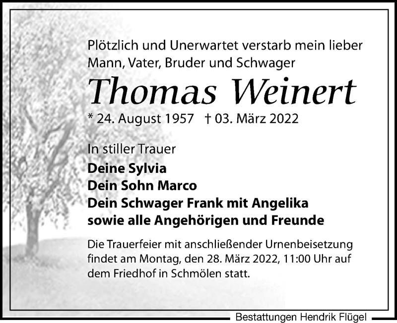  Traueranzeige für Thomas Weinert vom 12.03.2022 aus Leipziger Volkszeitung