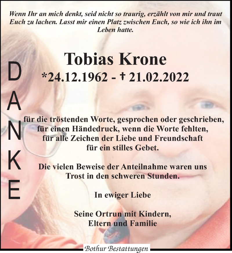  Traueranzeige für Tobias Krone vom 19.03.2022 aus Leipziger Volkszeitung