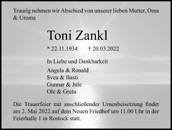 Traueranzeige von Toni Zankl von Ostsee-Zeitung GmbH