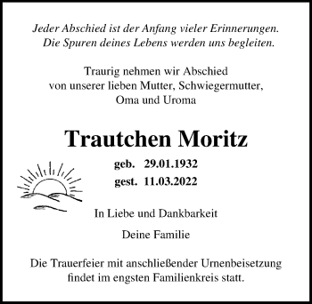 Traueranzeige von Trautchen Moritz von Ostsee-Zeitung GmbH