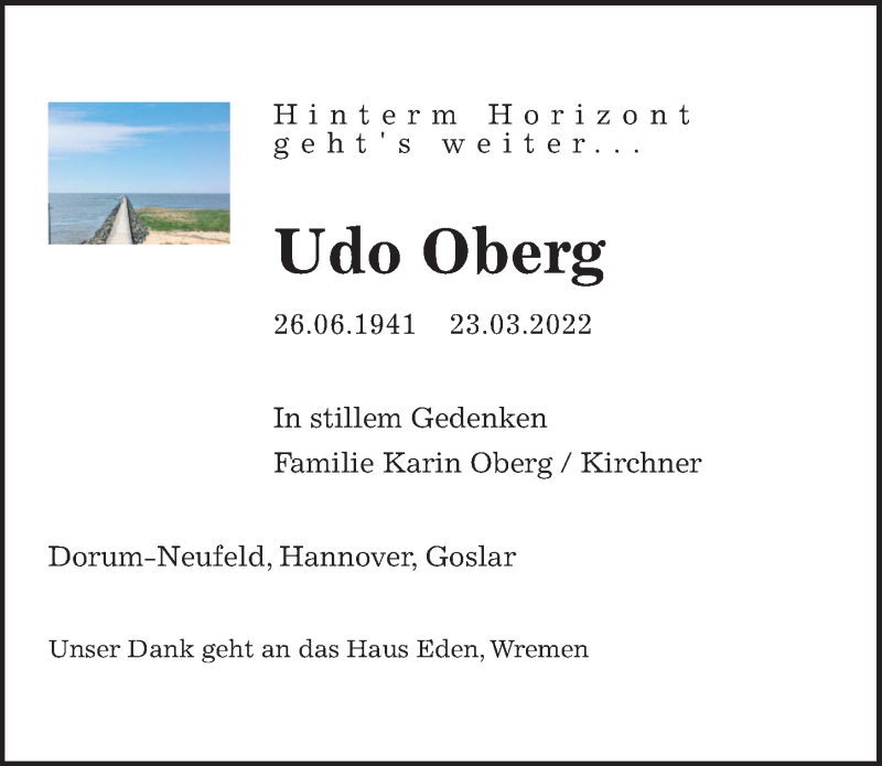  Traueranzeige für Udo Oberg vom 26.03.2022 aus Hannoversche Allgemeine Zeitung/Neue Presse