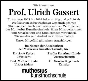 Traueranzeige von Ulrich Gassert von Kieler Nachrichten