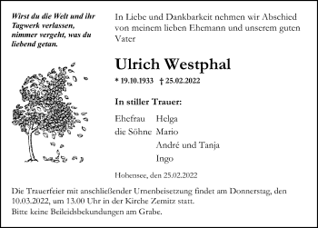 Traueranzeige von Ulrich Westphal von Ostsee-Zeitung GmbH