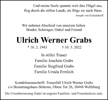 Traueranzeige von Ulrich Werner Grabs von Aller Zeitung