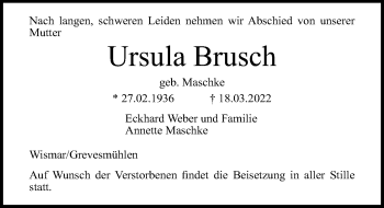Traueranzeige von Ursula Brusch von Ostsee-Zeitung GmbH