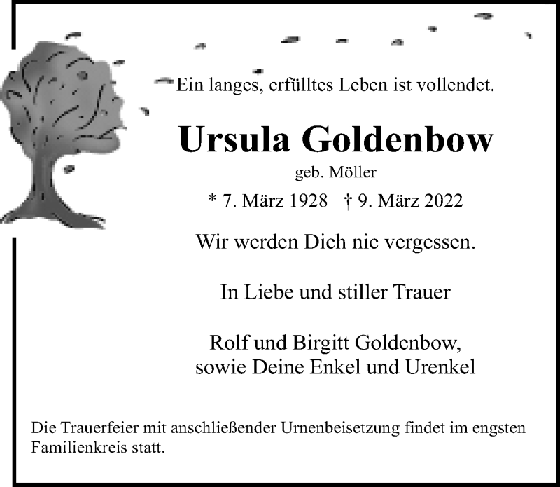  Traueranzeige für Ursula Goldenbow vom 19.03.2022 aus Ostsee-Zeitung GmbH
