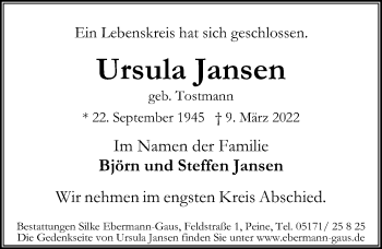 Traueranzeige von Ursula Jansen von Peiner Allgemeine Zeitung