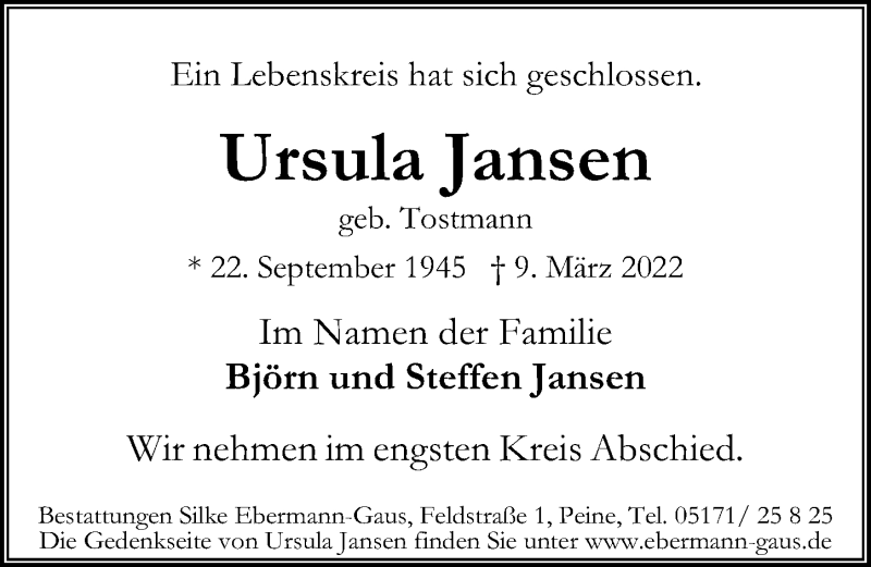  Traueranzeige für Ursula Jansen vom 12.03.2022 aus Peiner Allgemeine Zeitung