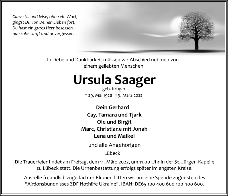  Traueranzeige für Ursula Saager vom 06.03.2022 aus Lübecker Nachrichten