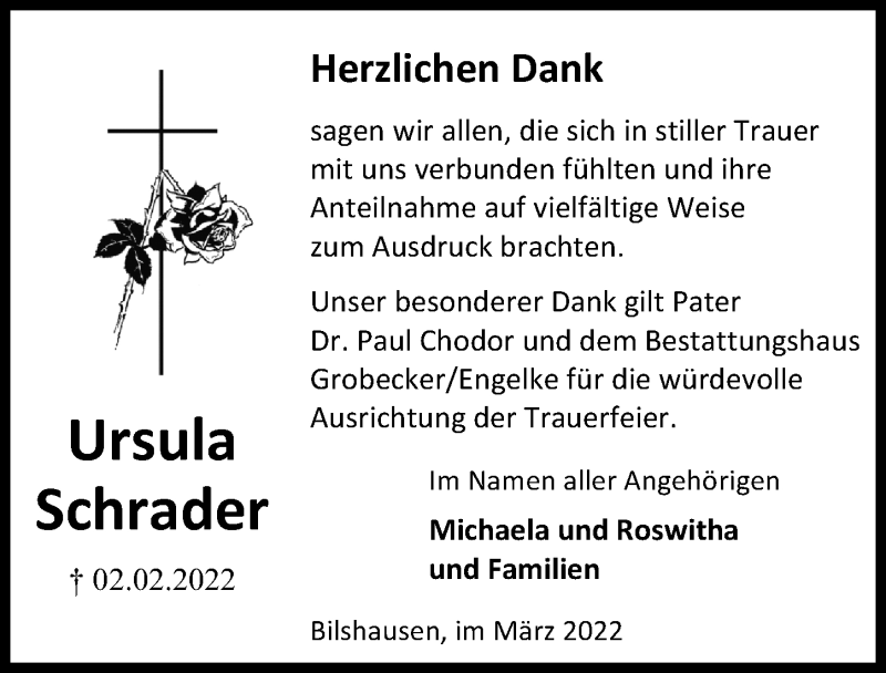  Traueranzeige für Ursula Schrader vom 05.03.2022 aus Eichsfelder Tageblatt