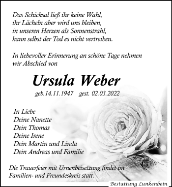 Traueranzeige von Ursula Weber von Leipziger Volkszeitung