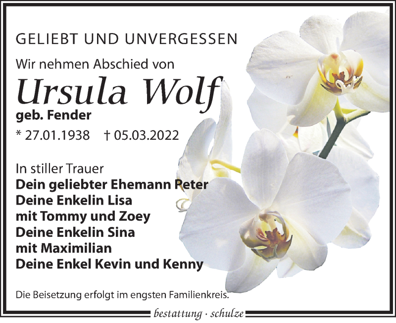  Traueranzeige für Ursula Wolf vom 19.03.2022 aus Leipziger Volkszeitung