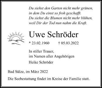 Traueranzeige von Uwe Schröder von Ostsee-Zeitung GmbH