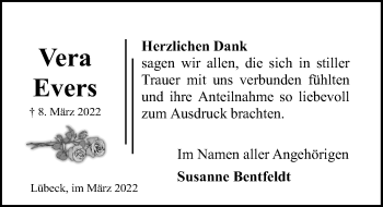 Traueranzeige von Vera Evers von Lübecker Nachrichten