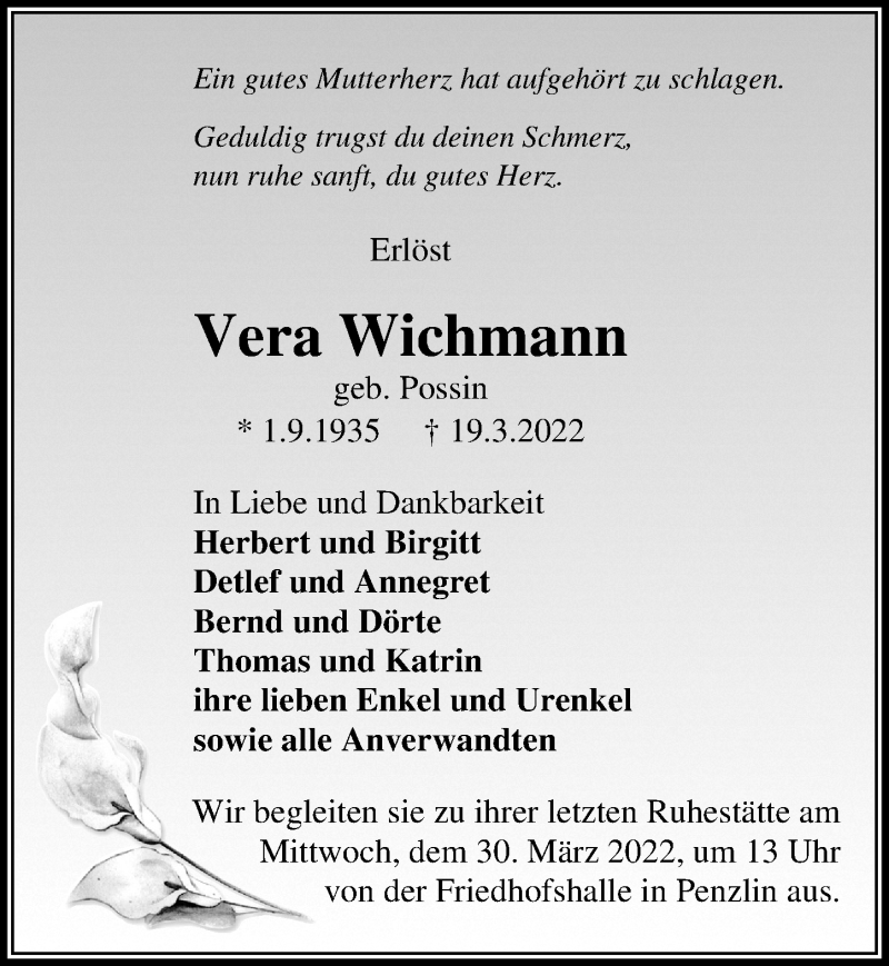  Traueranzeige für Vera Wichmann vom 26.03.2022 aus Märkischen Allgemeine Zeitung