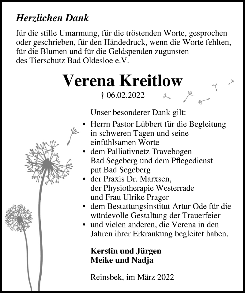  Traueranzeige für Verena Kreitlow vom 06.03.2022 aus Lübecker Nachrichten