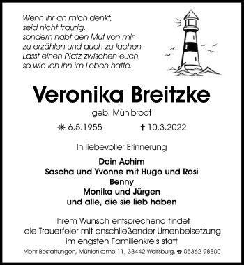 Traueranzeige von Veronika Breitzke von Aller Zeitung