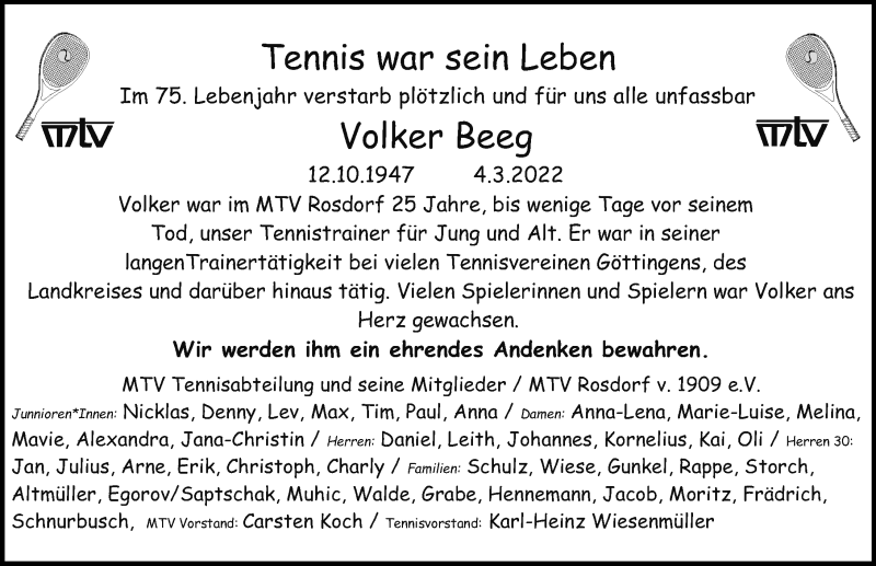  Traueranzeige für Volker Beeg vom 19.03.2022 aus Göttinger Tageblatt