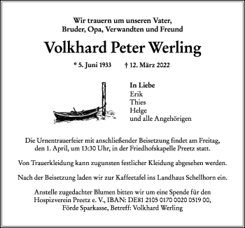 Traueranzeige von Volkhard Peter Werling von Kieler Nachrichten