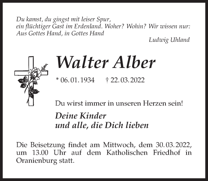  Traueranzeige für Walter Alber vom 26.03.2022 aus Märkischen Allgemeine Zeitung