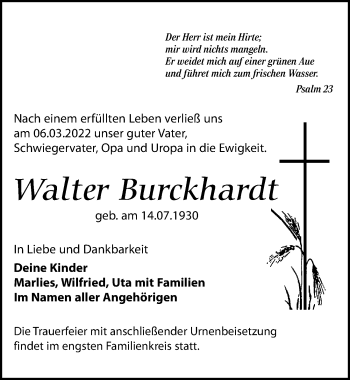 Traueranzeige von Walter Burckhardt von Leipziger Volkszeitung