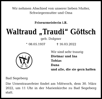 Traueranzeige von Waltraud Göttsch von Kieler Nachrichten