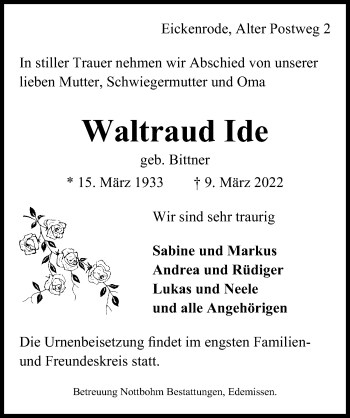Traueranzeige von Waltraud Ide von Peiner Allgemeine Zeitung