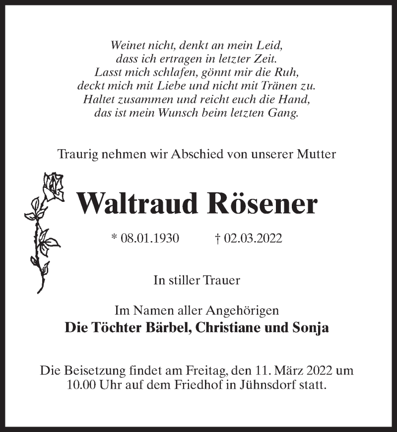  Traueranzeige für Waltraud Rösener vom 05.03.2022 aus Märkischen Allgemeine Zeitung