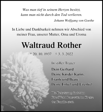 Traueranzeige von Waltraud Rother von Ostsee-Zeitung GmbH
