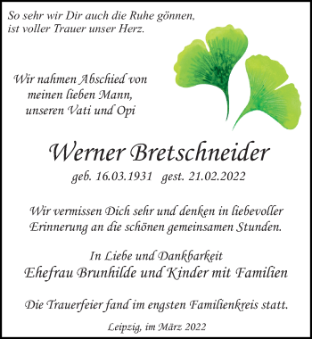 Traueranzeige von Werner Bretschneider von Leipziger Volkszeitung