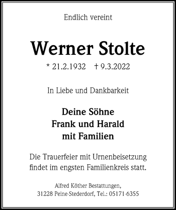 Traueranzeige von Werner Stolte von Peiner Allgemeine Zeitung