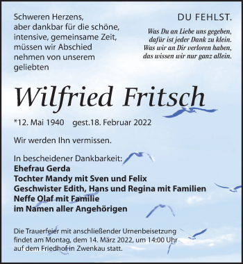 Traueranzeige von Wilfried Fritsch von Leipziger Volkszeitung